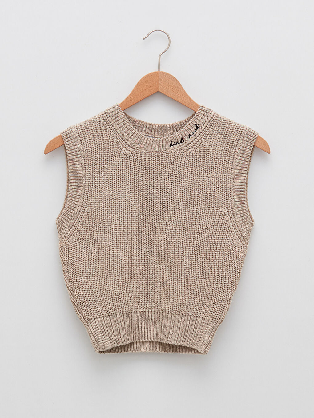 Bej Bisiklet Yaka Nakışlı Kadın Triko Süveter-5