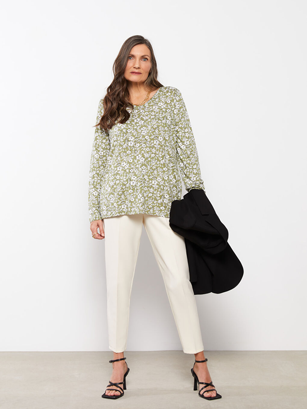 LCW Grace V-Ausschnitt Blumen Langarm T-Shirt für Damen -S2EO15Z8-LRR