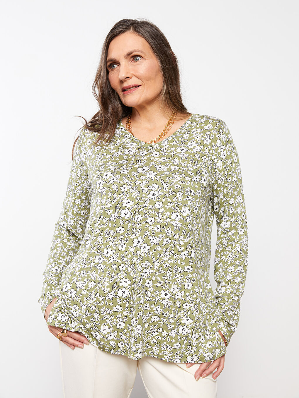 LCW Grace V-Ausschnitt Blumen Langarm T-Shirt für Damen -S2EO15Z8-LRR