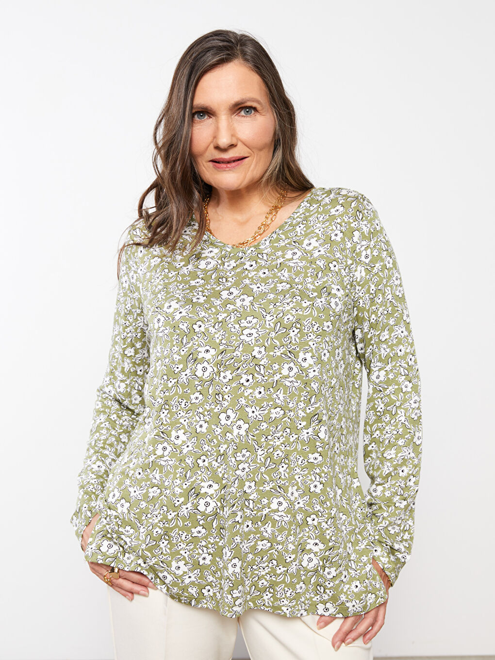 LCW Grace V-Ausschnitt Blumen Langarm T-Shirt für Damen -S2EO15Z8-LRR