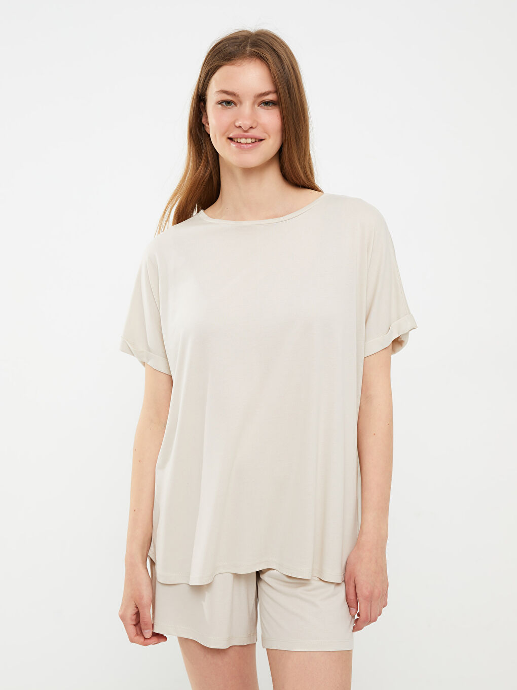 Gri Bisiklet Yaka Düz Kısa Kollu Kadın Pijama Takım-3