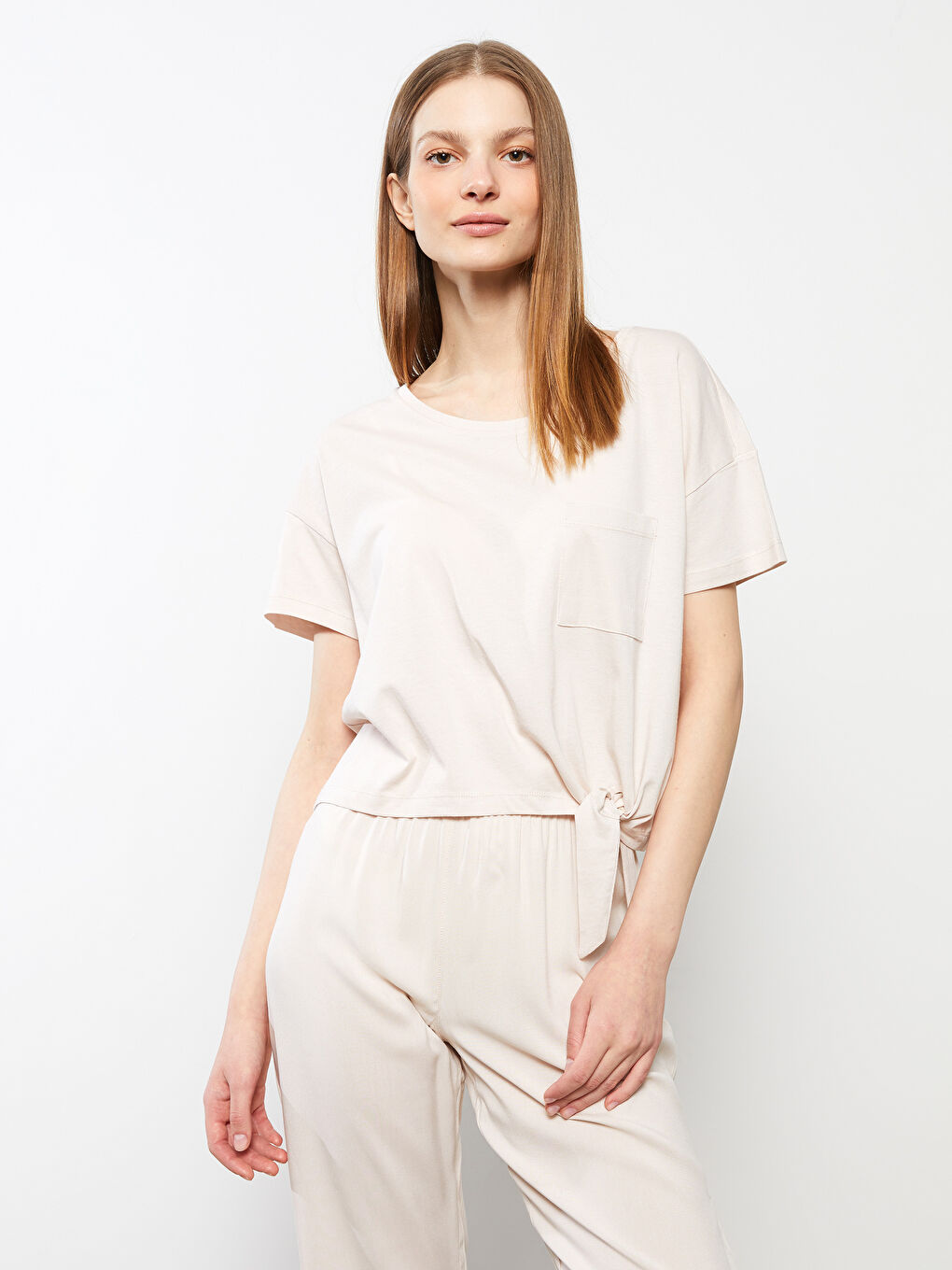 Bej Bisiklet Yaka Düz Kısa Kollu Kadın Pijama Takım-1