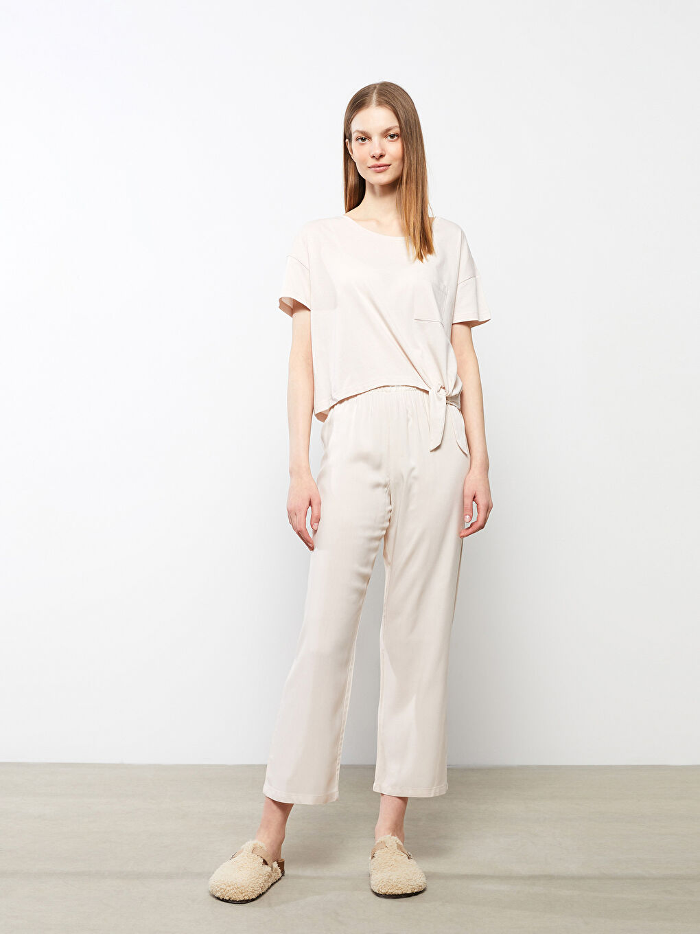 Bej Bisiklet Yaka Düz Kısa Kollu Kadın Pijama Takım-2