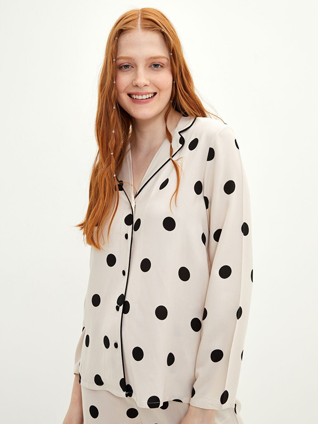 طقم بيجامة ياقة القميص نقشة البولكا دوت كم طويل فيسكوز للسيدات-1