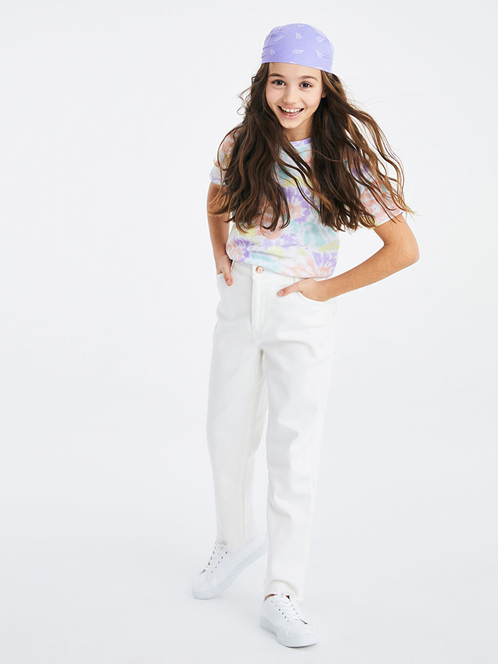 Ekru Beli Lastikli Basic Gabardin Kız Çocuk Pantolon-1