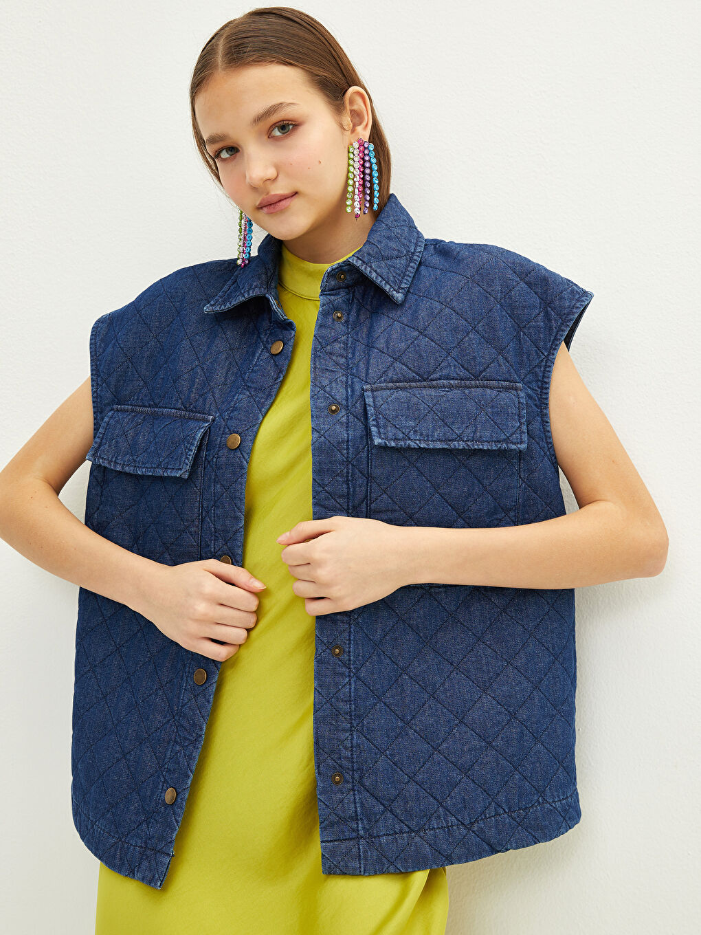 Shirt Collar Quilted Patterned Women's Rodeo Jean Vest