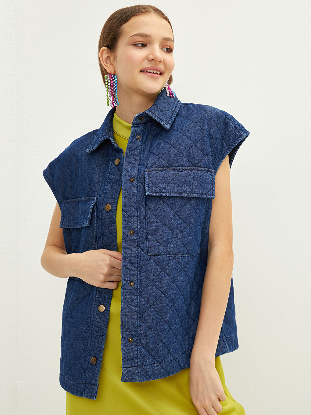 Shirt Collar Quilted Patterned Women's Rodeo Jean Vest-1