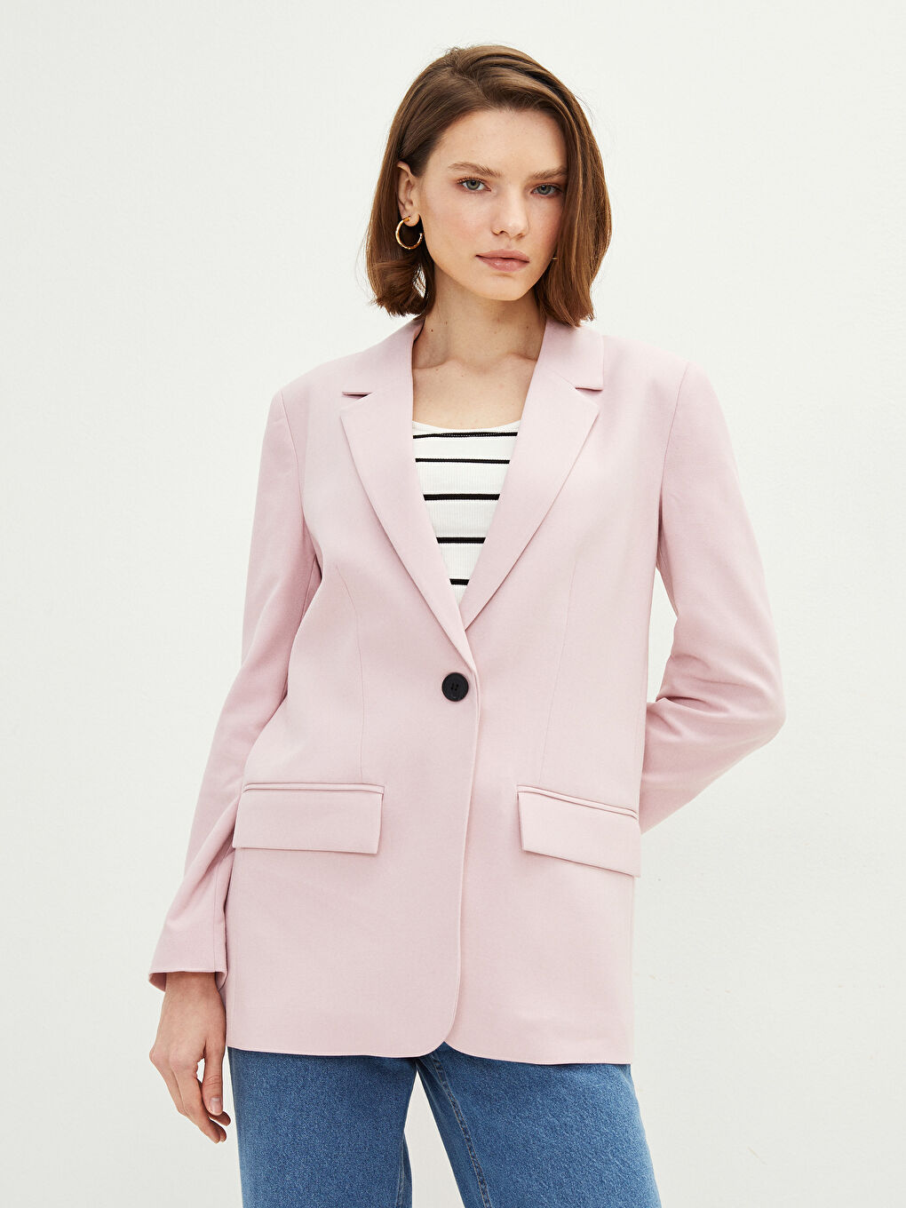 Sacou pentru Femei cu Închidere Frontală cu Nasturi, Croială Dreaptă, Mânecă Lungă-1