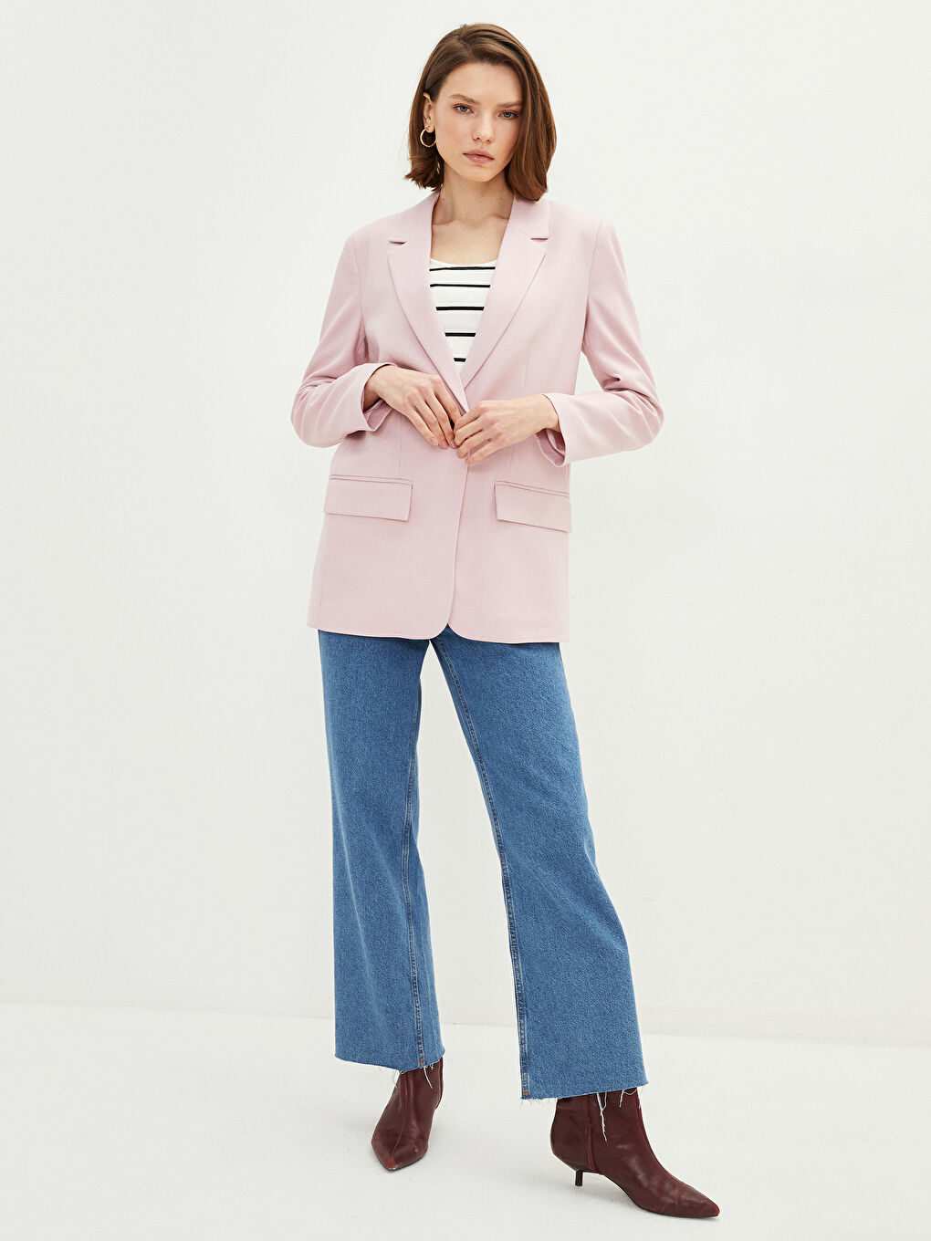 Sacou pentru Femei cu Închidere Frontală cu Nasturi, Croială Dreaptă, Mânecă Lungă-2