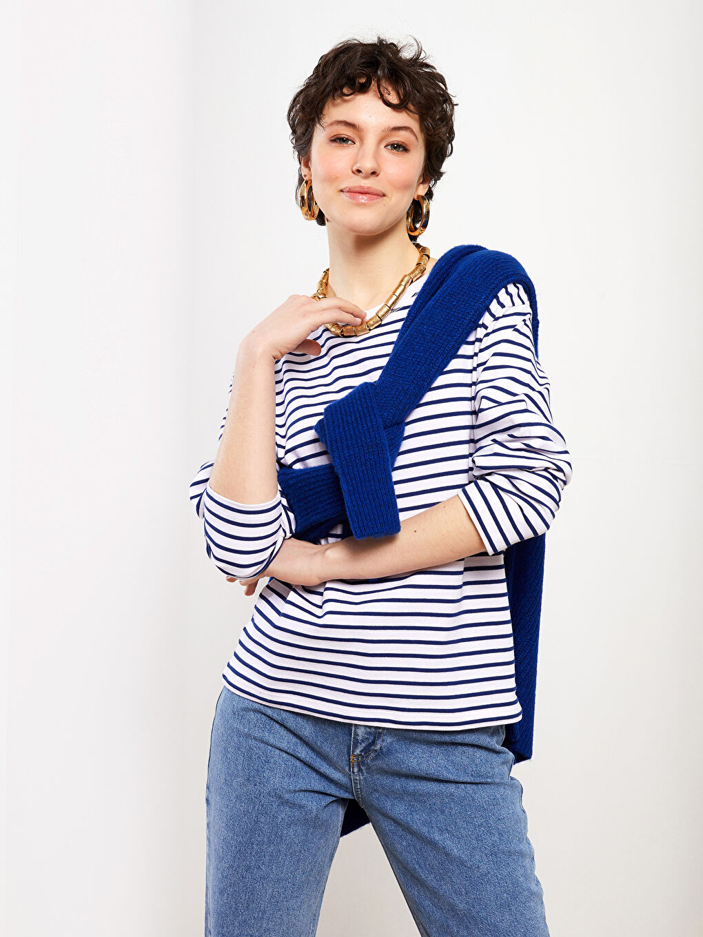 İndigo Bisiklet Yaka Çizgili Uzun Kollu Kadın Tişört-1
