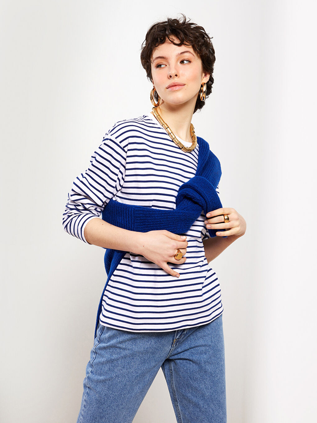 İndigo Bisiklet Yaka Çizgili Uzun Kollu Kadın Tişört