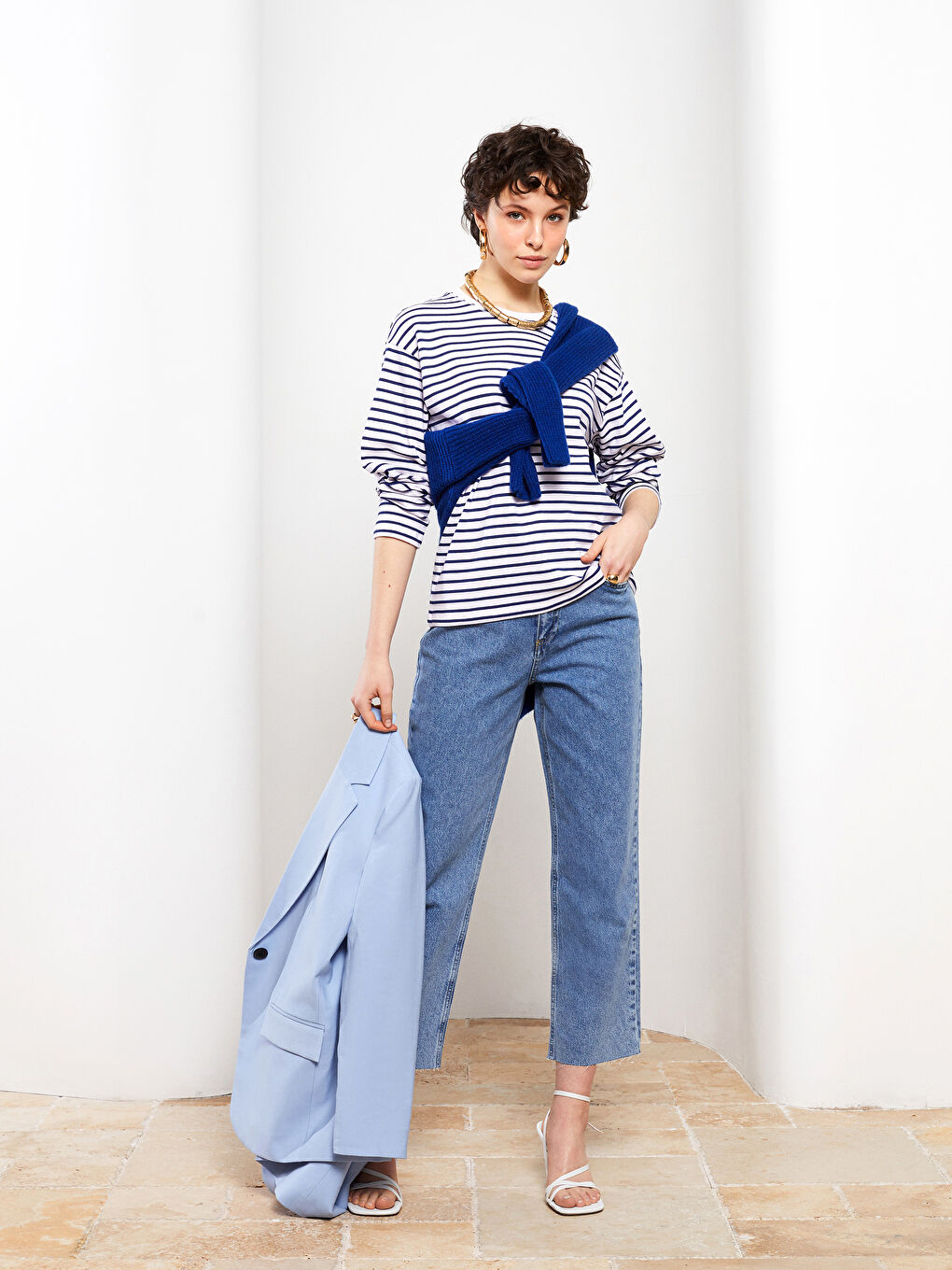 İndigo Bisiklet Yaka Çizgili Uzun Kollu Kadın Tişört-2