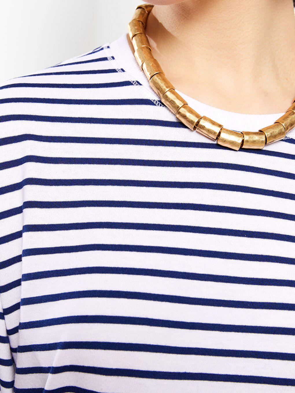 İndigo Bisiklet Yaka Çizgili Uzun Kollu Kadın Tişört-3