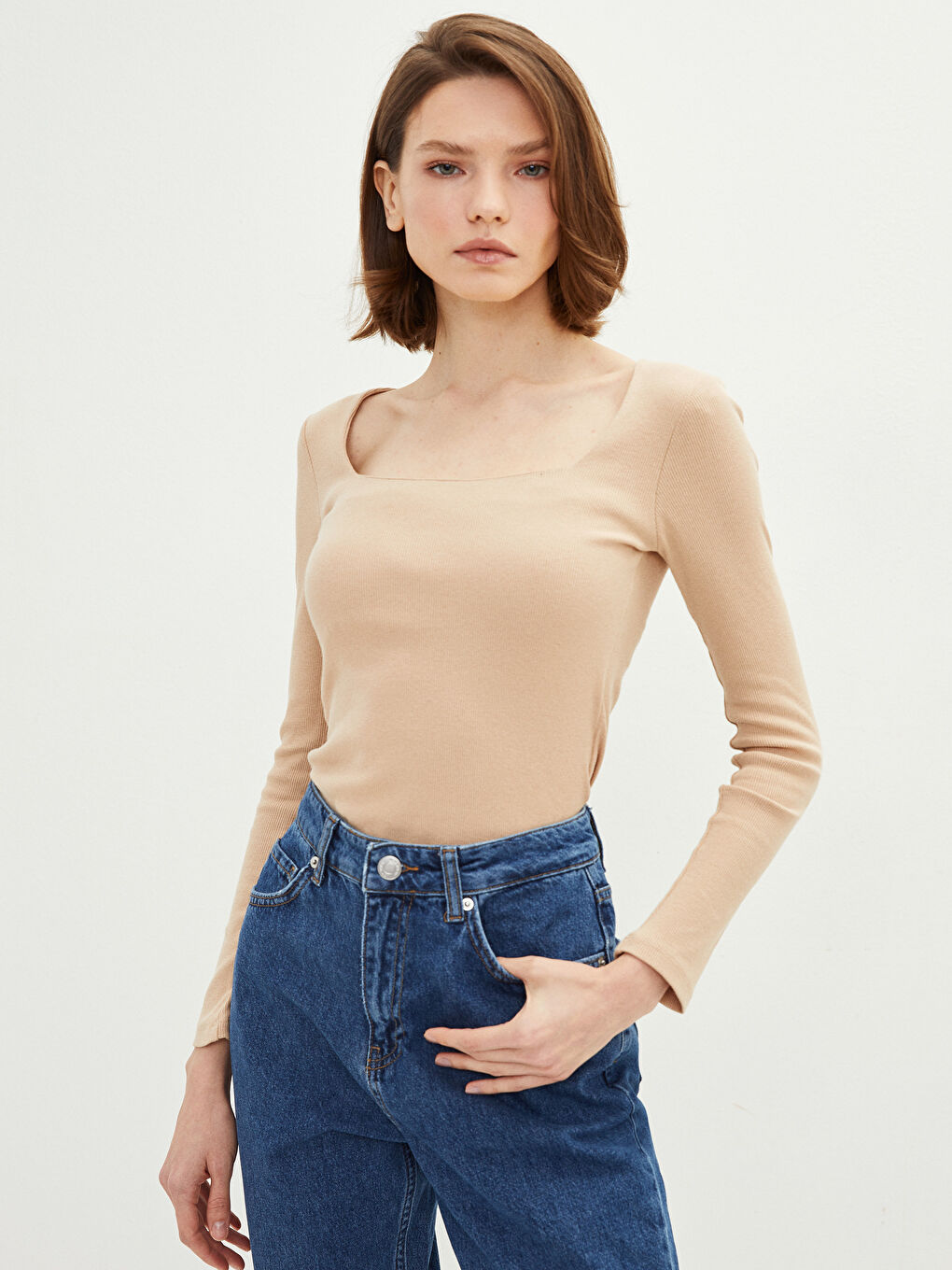 LCW Vision Square Collar Plain Long Sleeve Women's T-Shirt -S2EP70Z8-S25