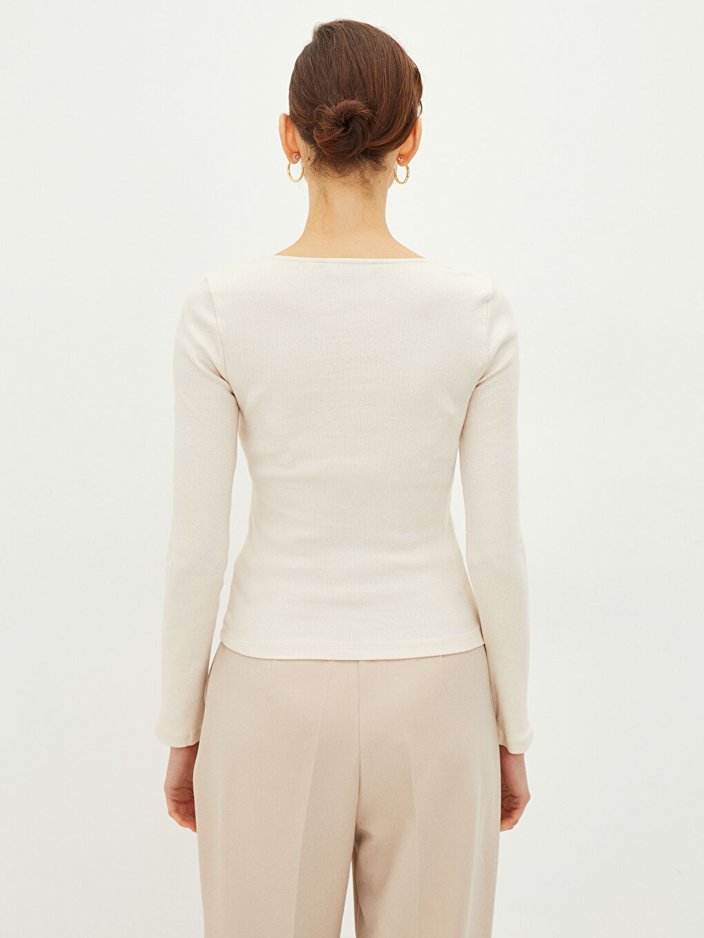 Square Collar Plain Long Sleeve Women's T-Shirt-4