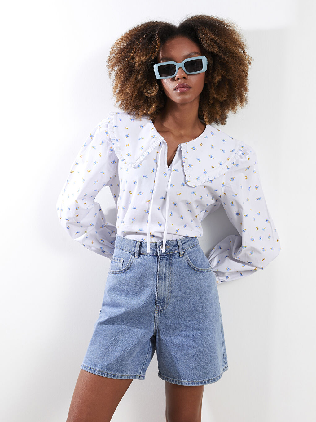 Baby Collar Floral Long Sleeve Cotton Women's Blouse-2