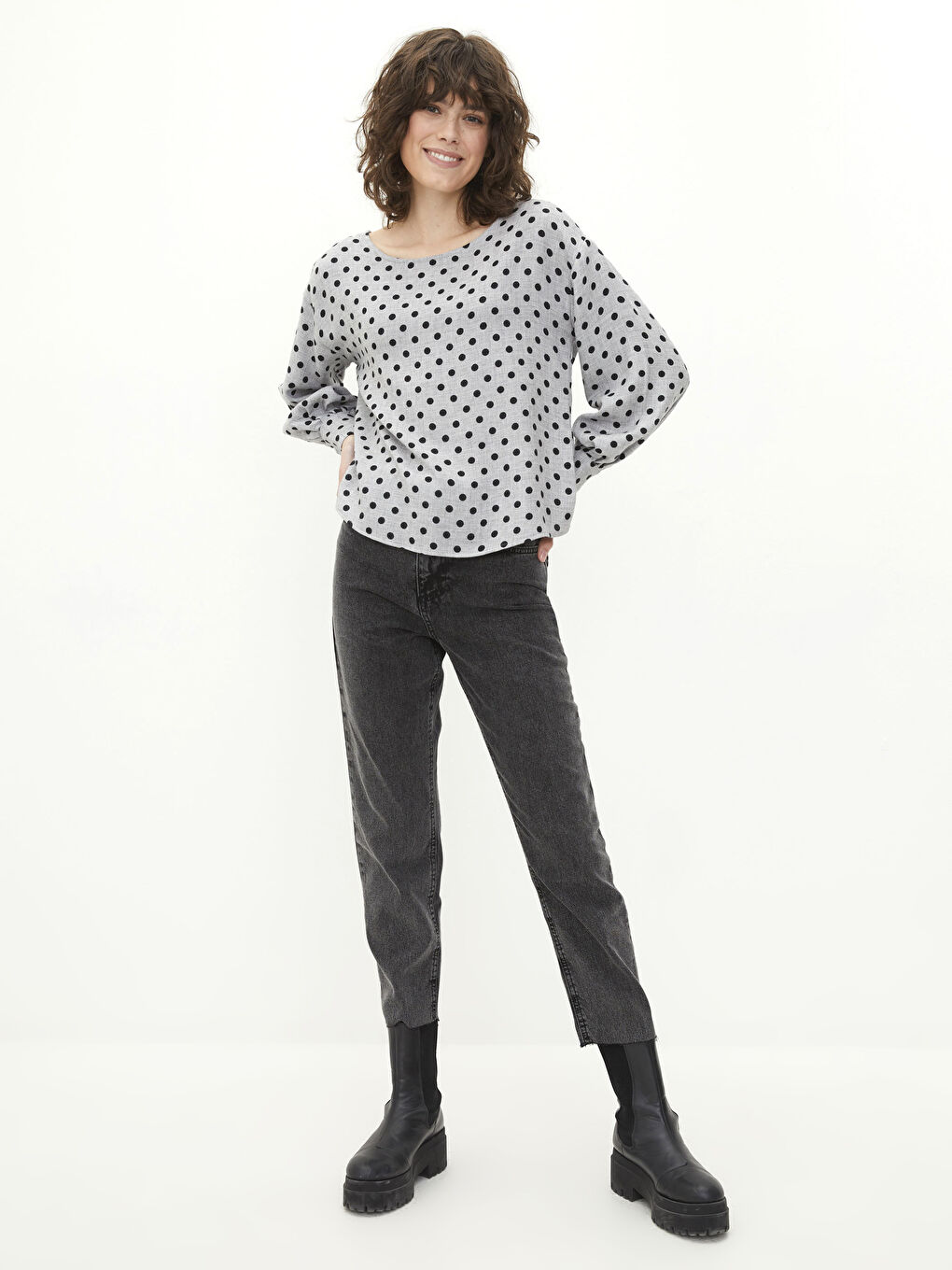 Блузка с круглым вырезом, в горошек, с длинным рукавом, из габардина, для женщин-1