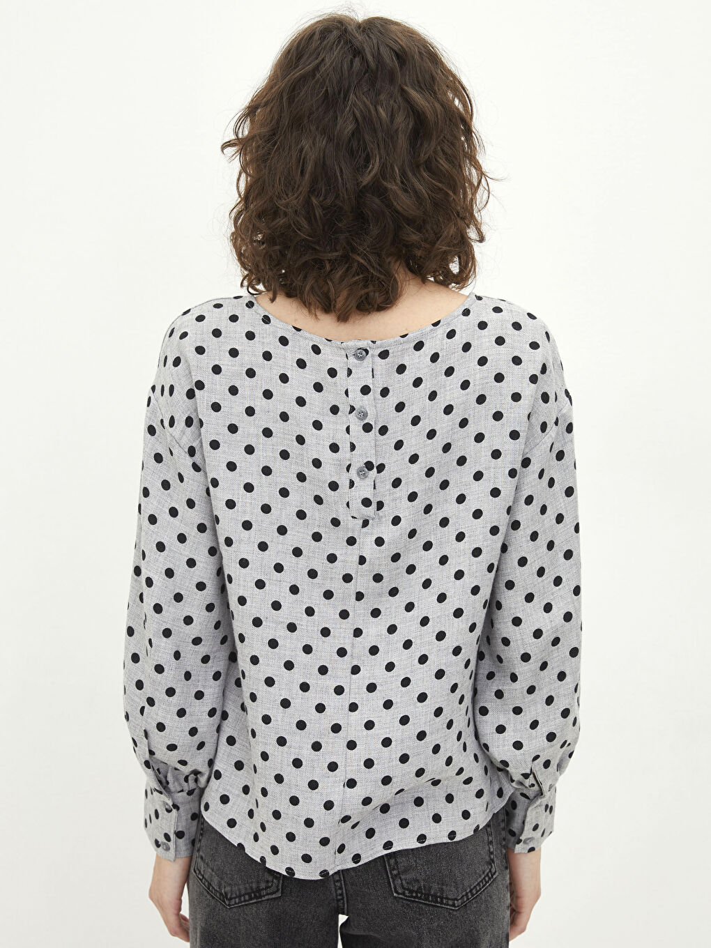 Блузка с круглым вырезом, в горошек, с длинным рукавом, из габардина, для женщин-3