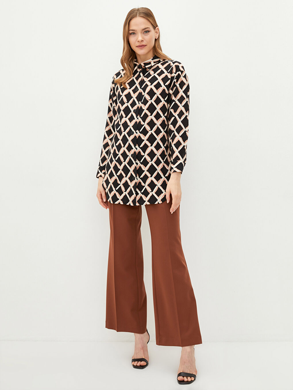 Платье-Рубашка Женское С Длинным Рукавом На Пуговицах С Принтом-1