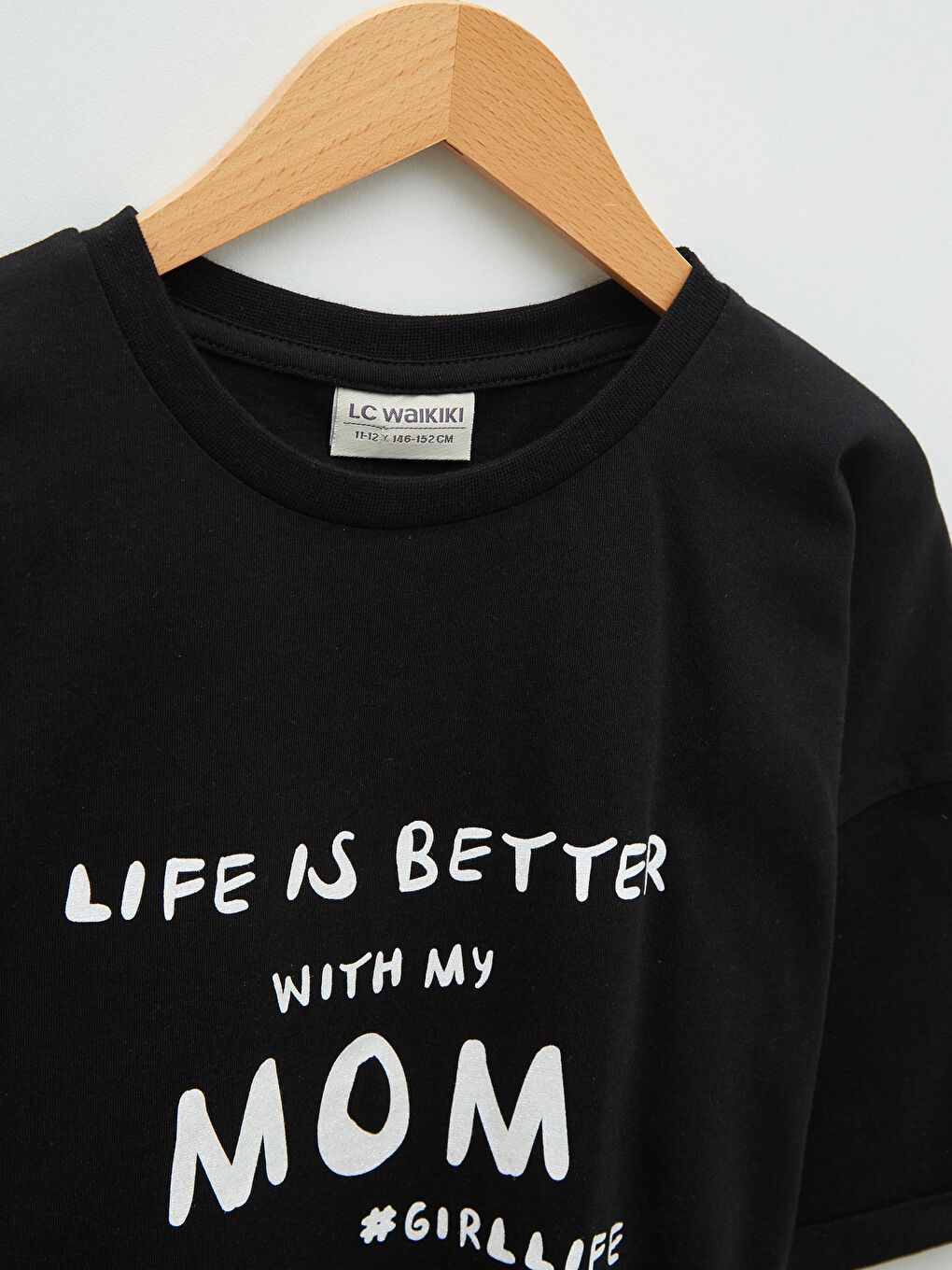 Siyah Bisiklet Yaka Baskılı Kısa Kollu Kız Çocuk Tişört-2