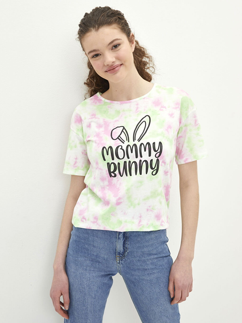 Karışık Bisiklet Yaka Baskılı Kısa Kollu Pamuklu Kadın Tişört Anne Kız Kombini