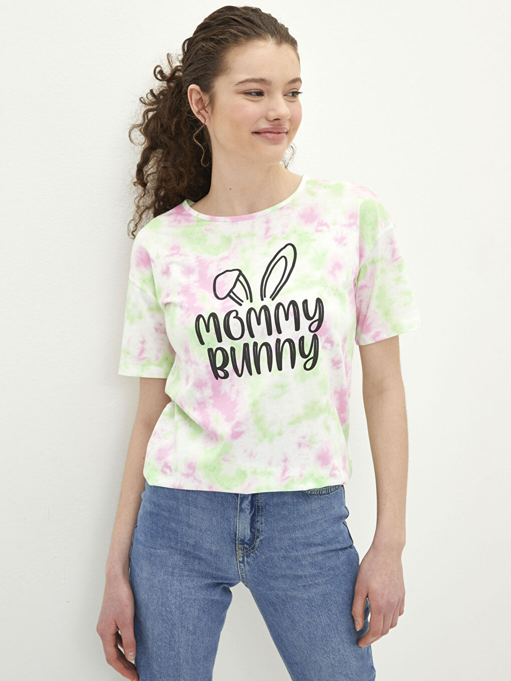 Karışık Bisiklet Yaka Baskılı Kısa Kollu Pamuklu Kadın Tişört Anne Kız Kombini-1