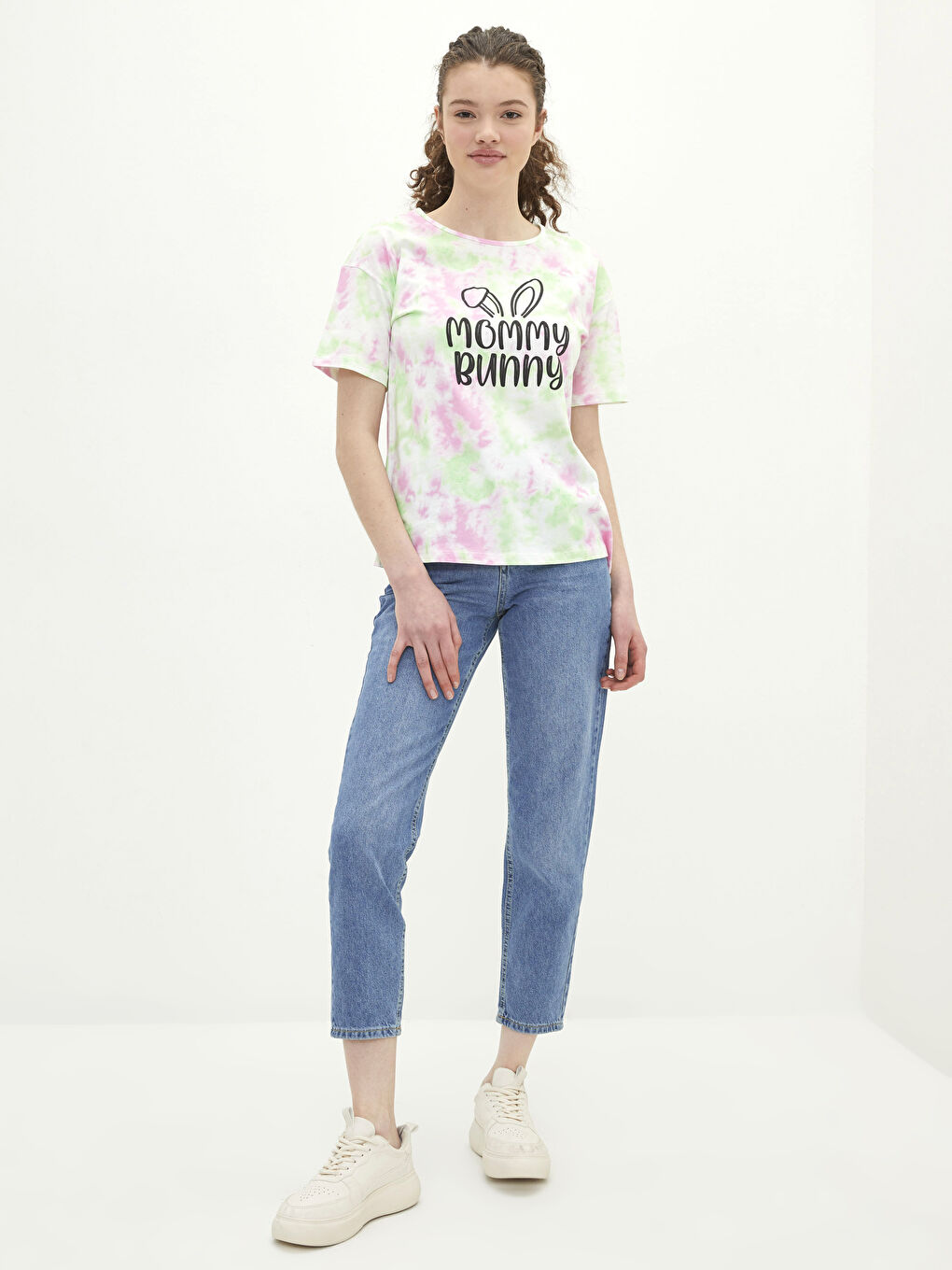 Karışık Bisiklet Yaka Baskılı Kısa Kollu Pamuklu Kadın Tişört Anne Kız Kombini-2