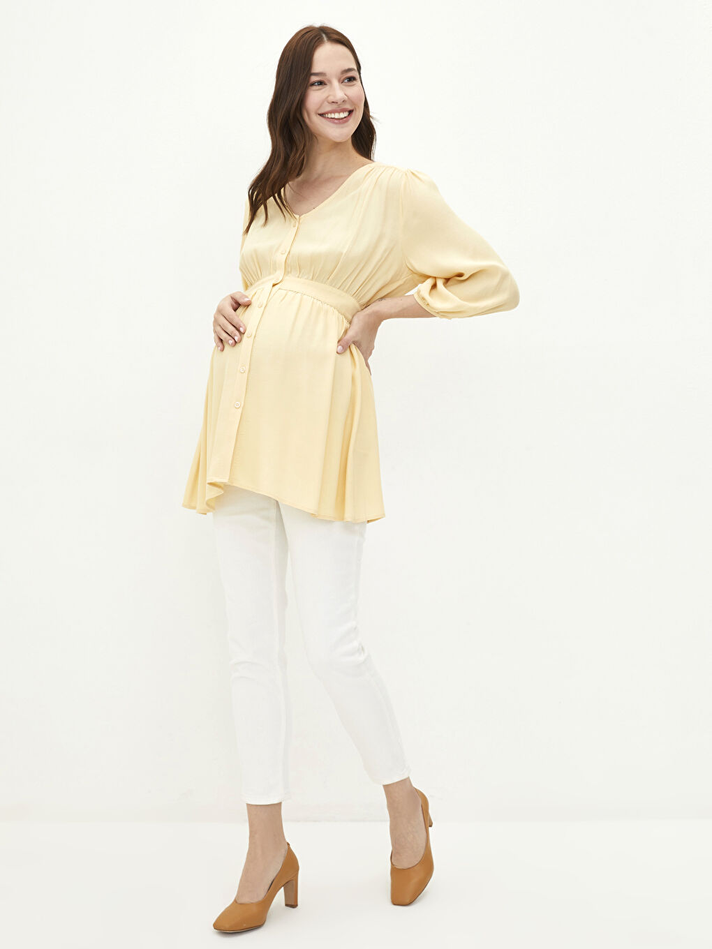 V Neck Straight Long Sleeve Viscose Maternity Tunic -S2EQ06Z8-S4D