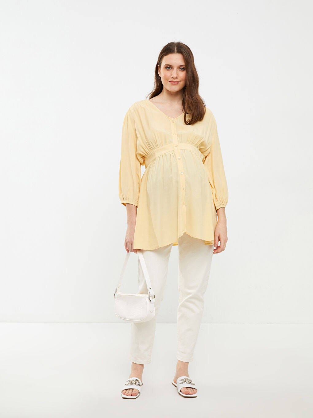 V Neck Straight Long Sleeve Viscose Maternity Tunic -S2EQ06Z8-S4D