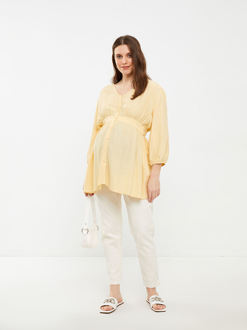 V Neck Straight Long Sleeve Viscose Maternity Tunic -S2EQ06Z8-S4D