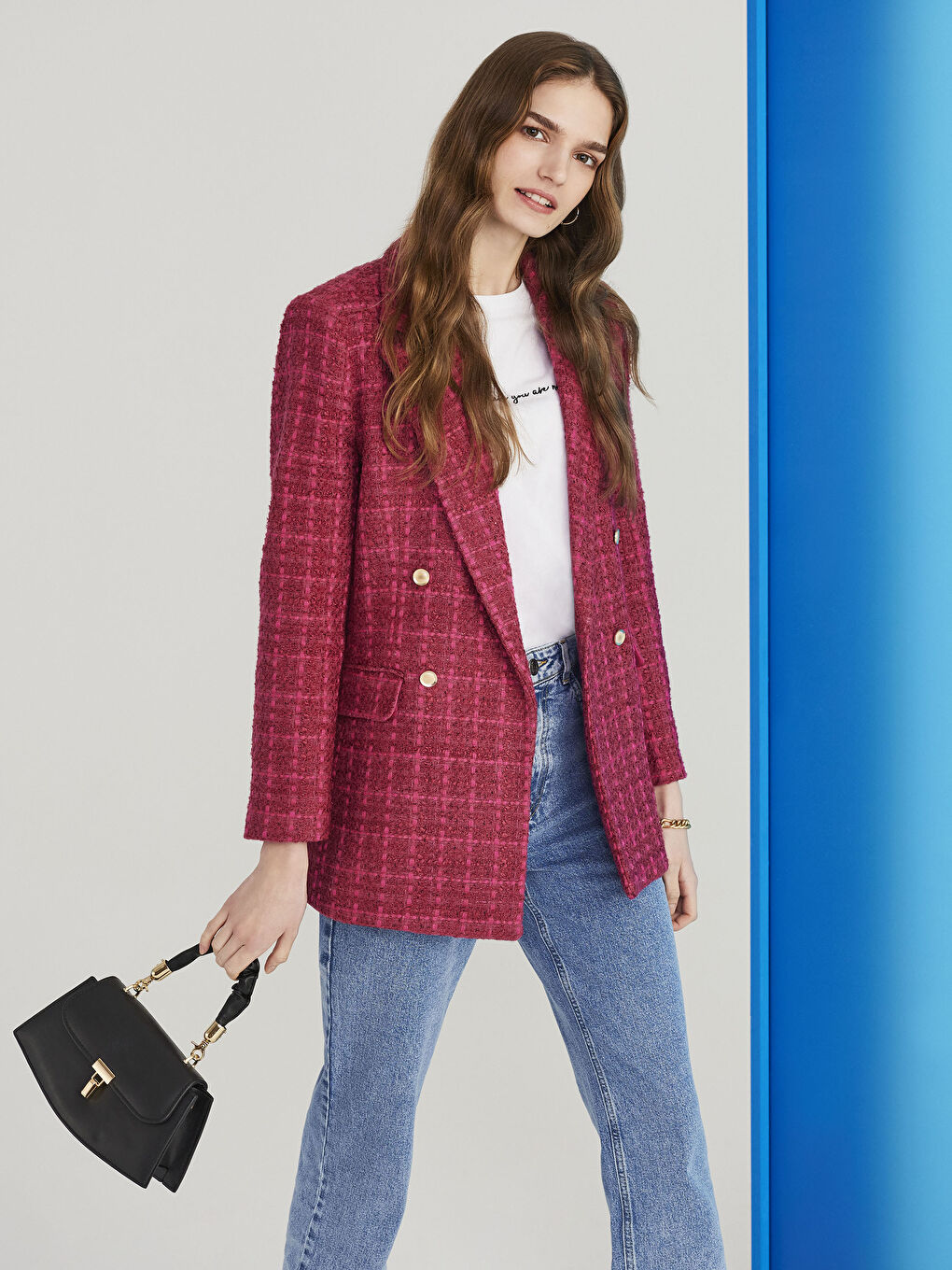 LCW Vision Front Button Closure Plaid Long Sleeve Women's Tweed Blazer Jacket -S2EQ29Z8-LNQ