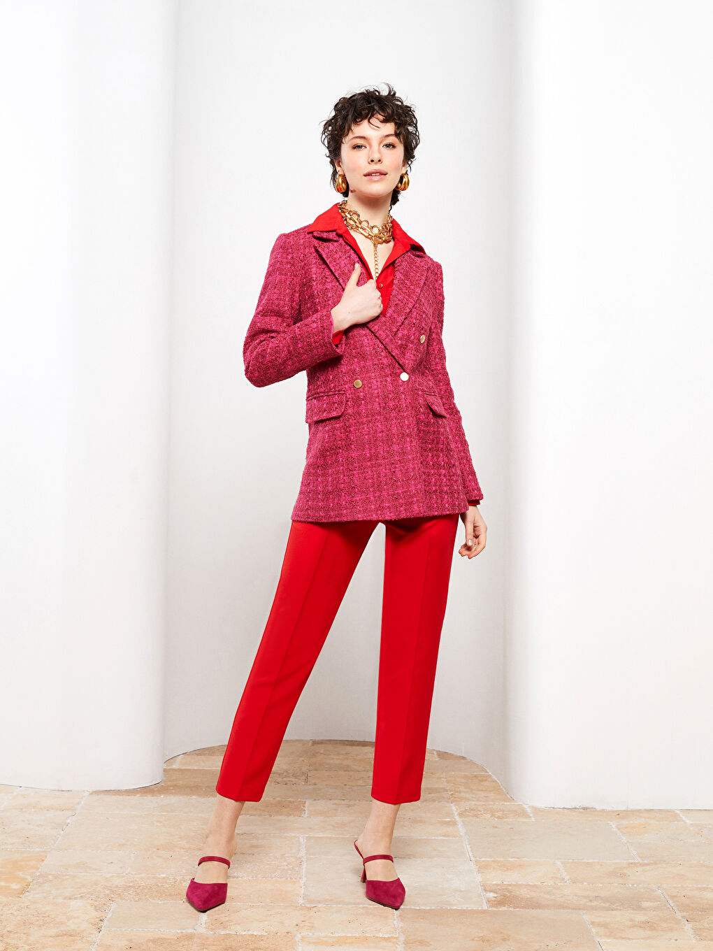 LCW Vision Front Button Closure Plaid Long Sleeve Women's Tweed Blazer Jacket -S2EQ29Z8-LNQ