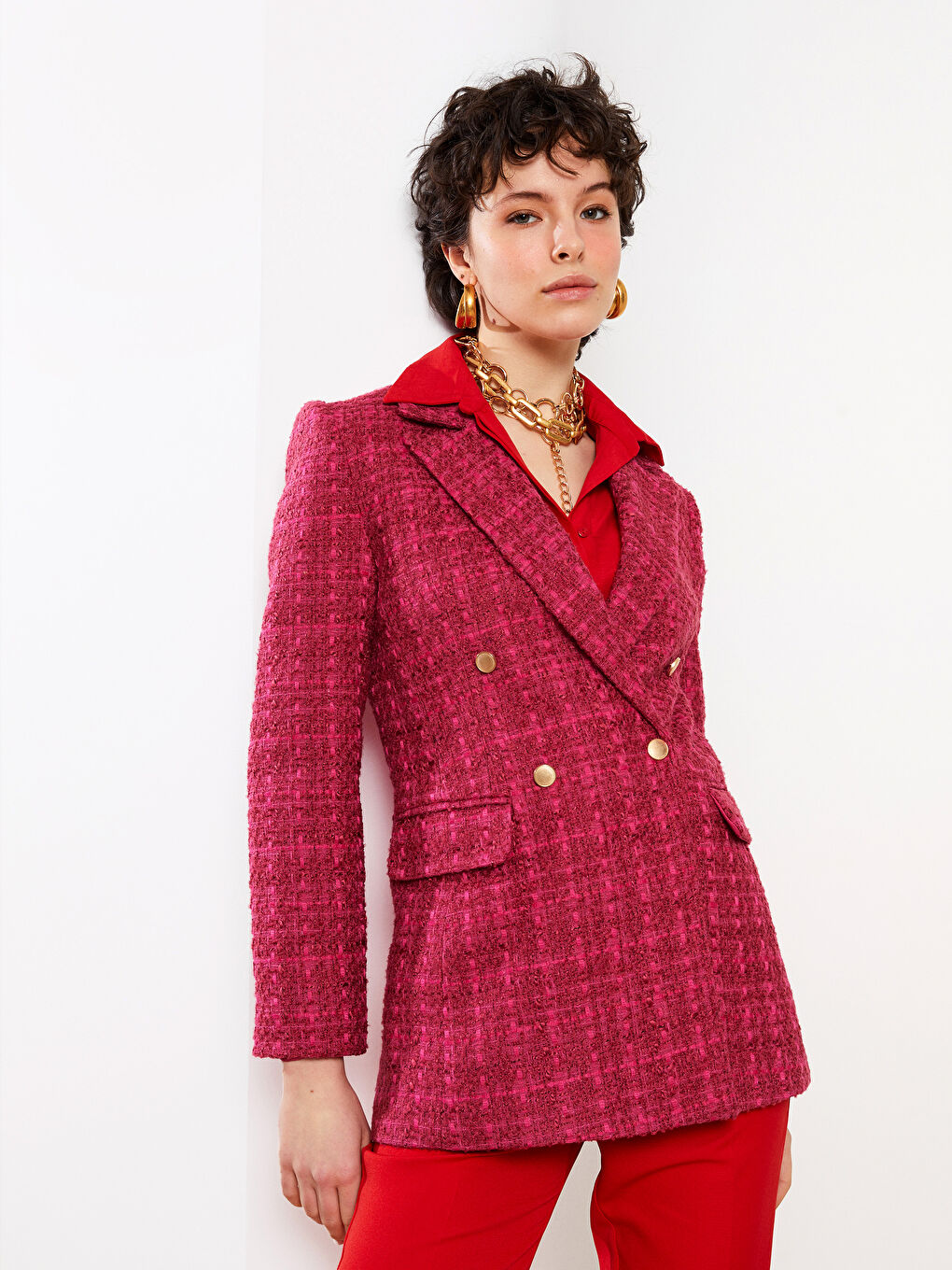 LCW Vision Front Button Closure Plaid Long Sleeve Women's Tweed Blazer Jacket -S2EQ29Z8-LNQ
