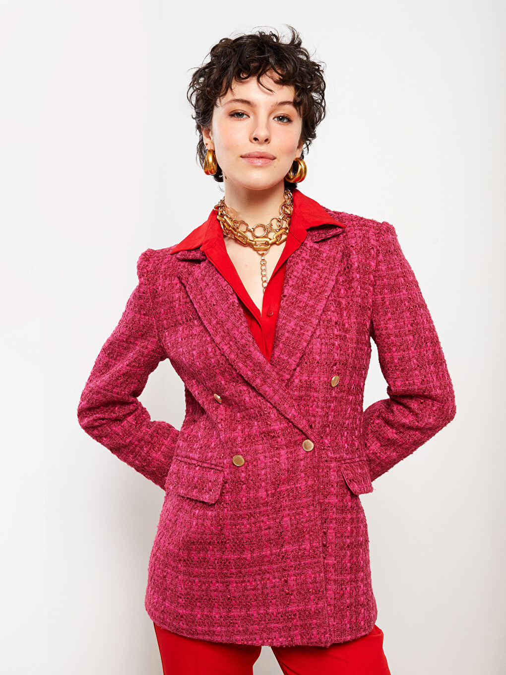LCW Vision Front Button Closure Plaid Long Sleeve Women's Tweed Blazer Jacket -S2EQ29Z8-LNQ