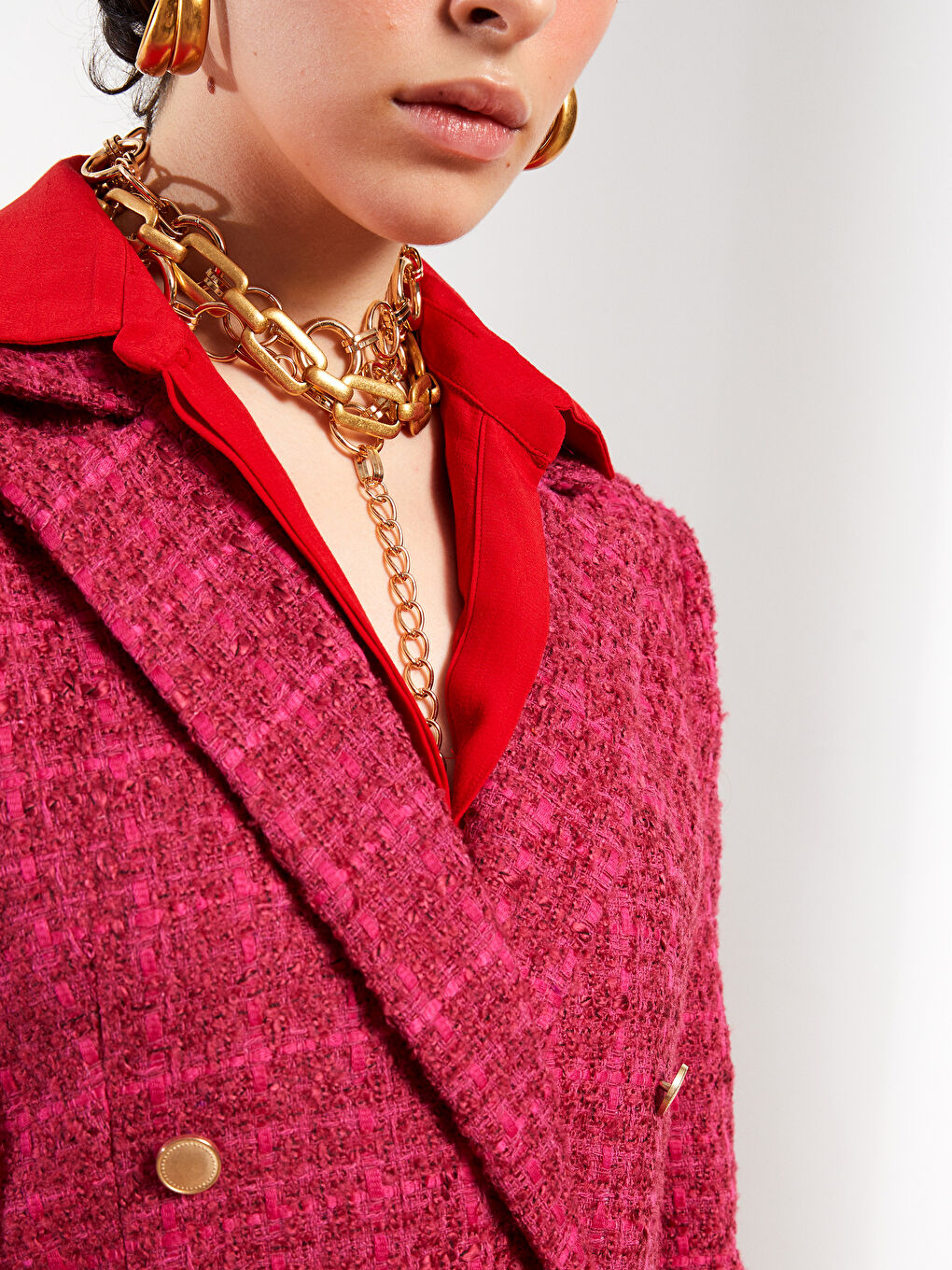 LCW Vision Front Button Closure Plaid Long Sleeve Women's Tweed Blazer Jacket -S2EQ29Z8-LNQ