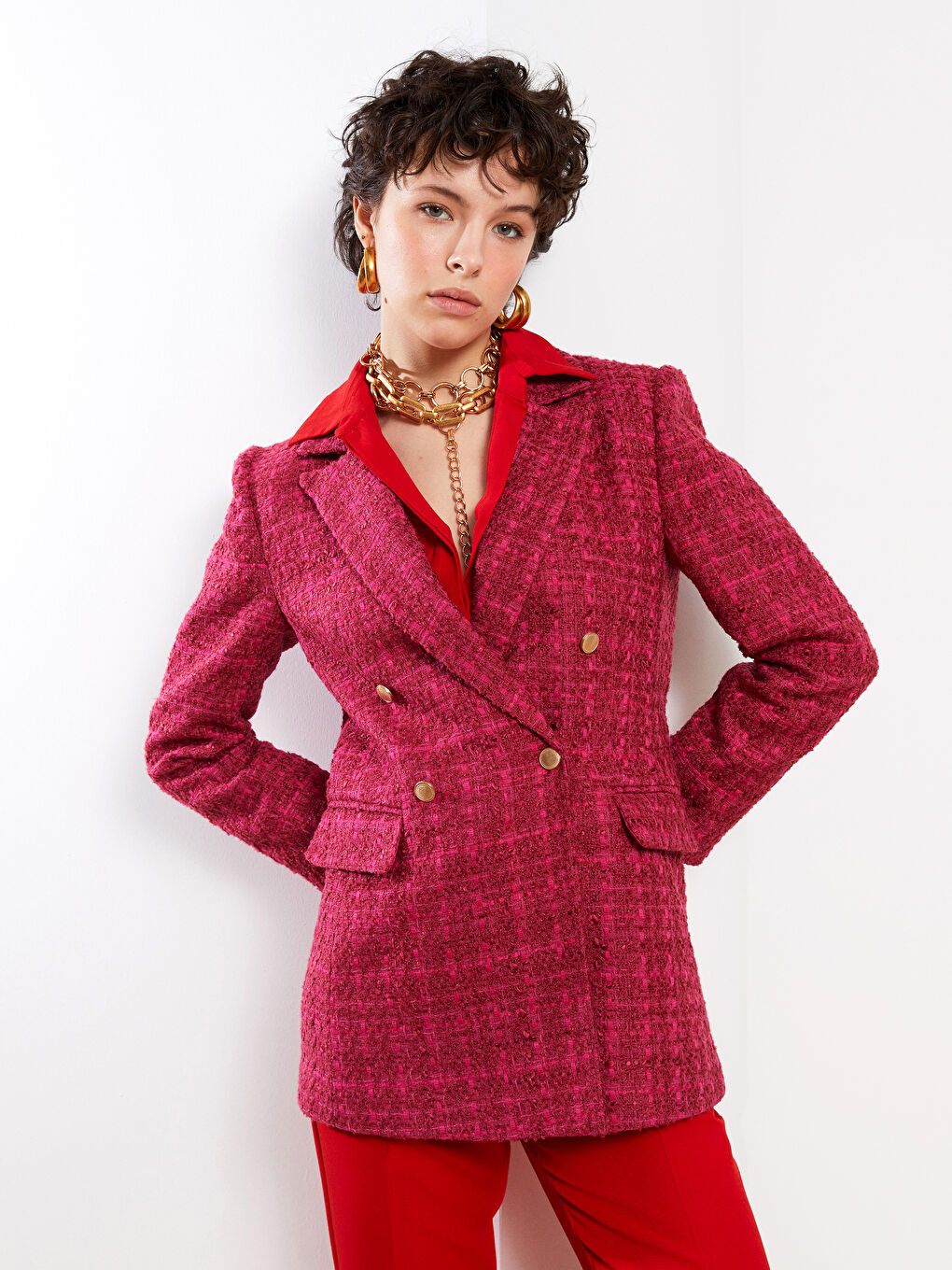 LCW Vision Front Button Closure Plaid Long Sleeve Women's Tweed Blazer Jacket -S2EQ29Z8-LNQ