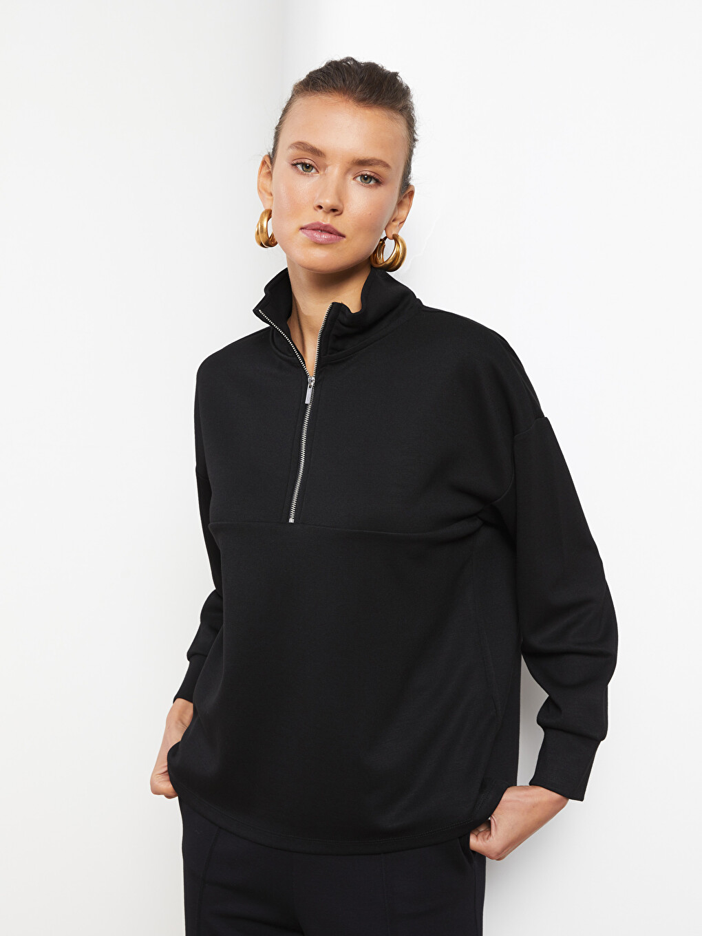 Funnel Neck Plain Long Sleeve Women's Sweatshirt
