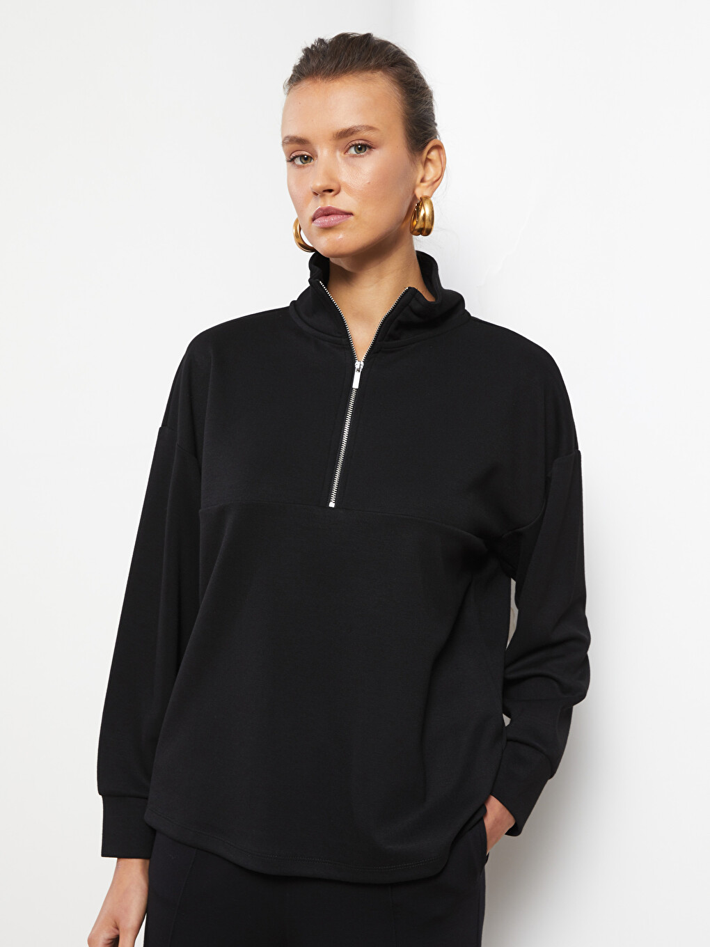 Funnel Neck Plain Long Sleeve Women's Sweatshirt-1
