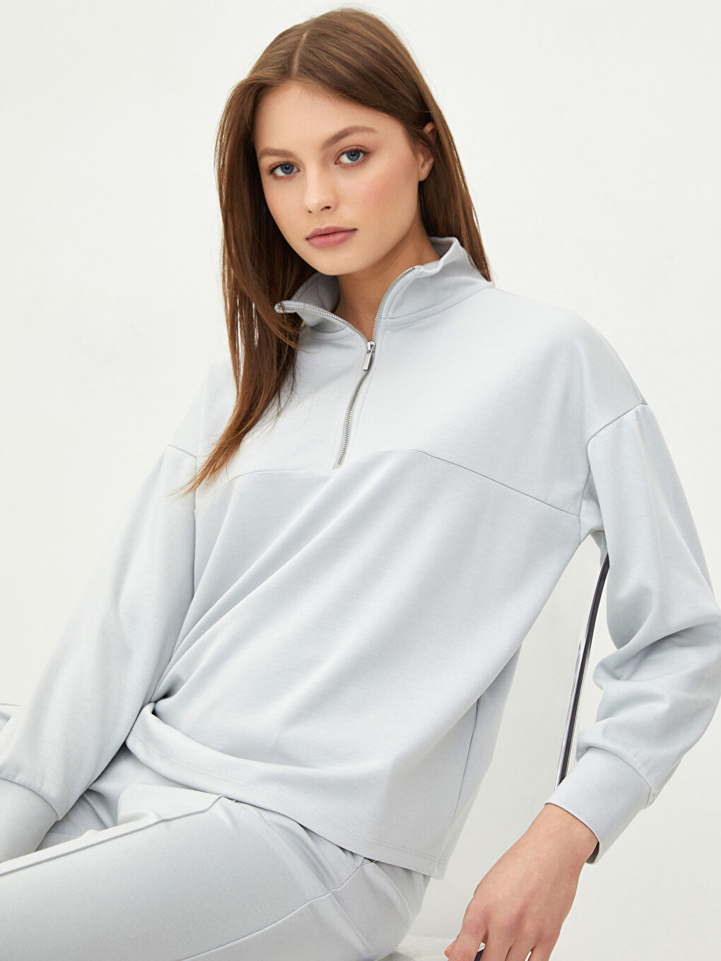 Sweat-shirt à col cheminée uni à manches longues pour Femmes