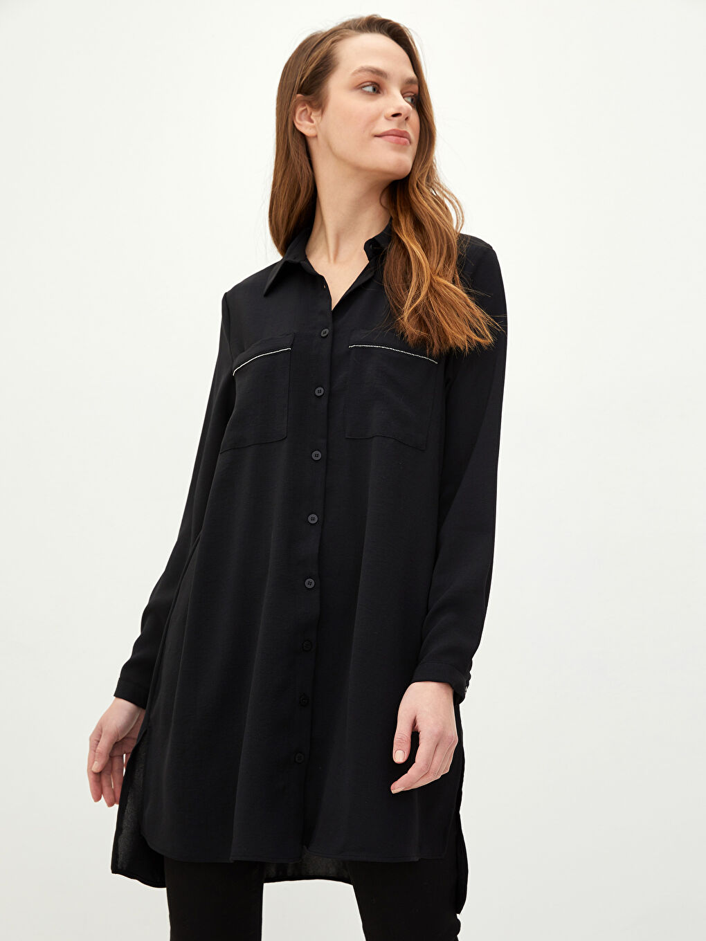 Siyah Düz Uzun Kollu Kadın Gömlek Tunik