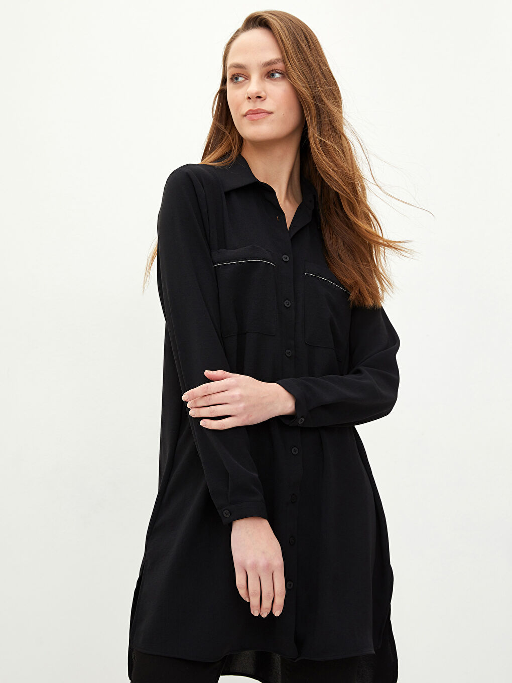 Siyah Düz Uzun Kollu Kadın Gömlek Tunik-1