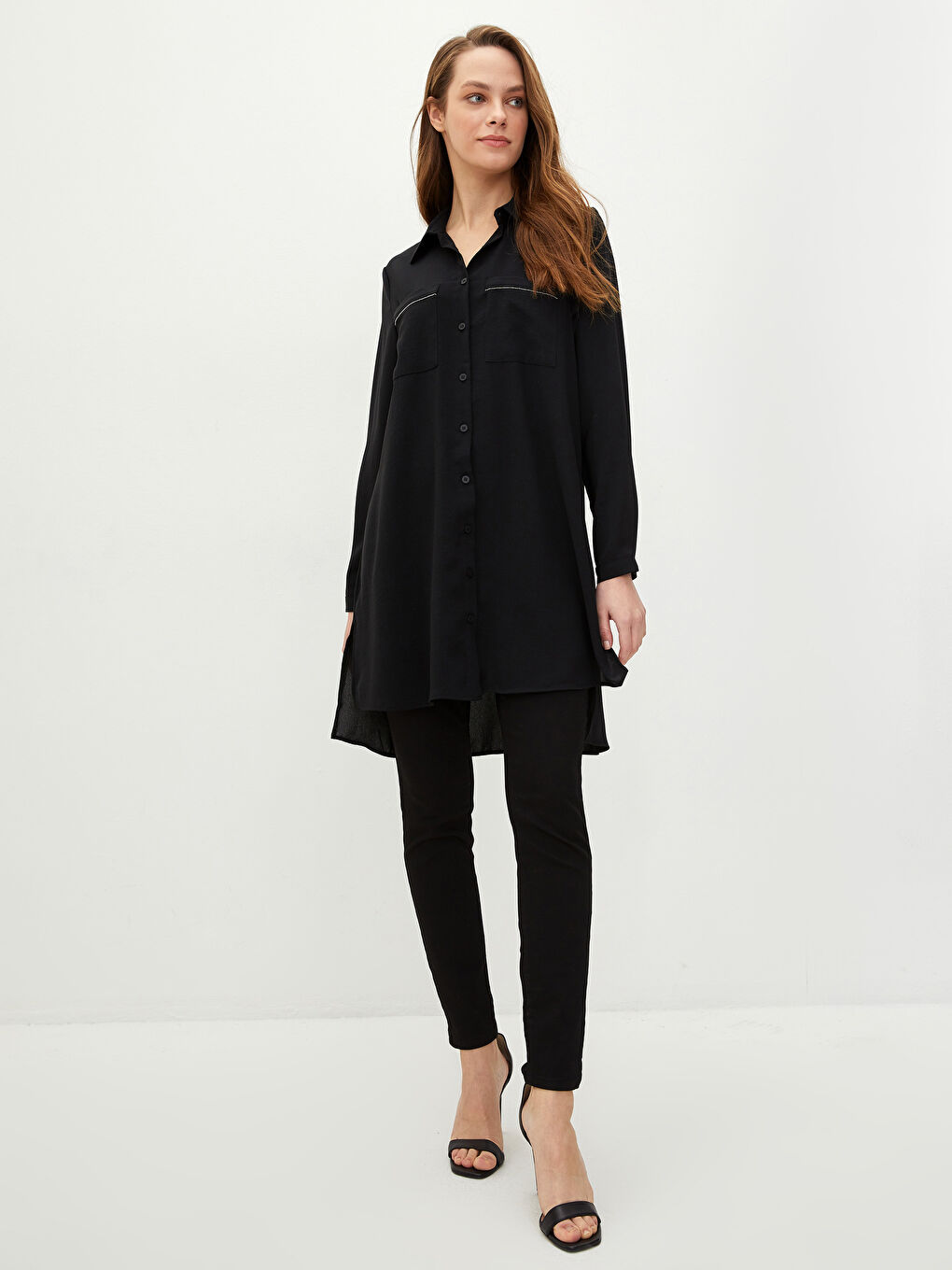 Siyah Düz Uzun Kollu Kadın Gömlek Tunik-2