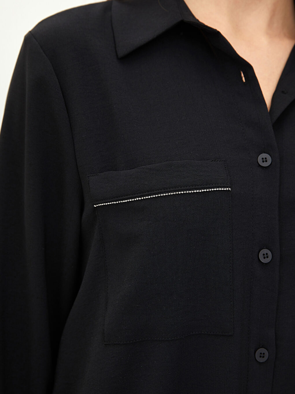 Siyah Düz Uzun Kollu Kadın Gömlek Tunik-3