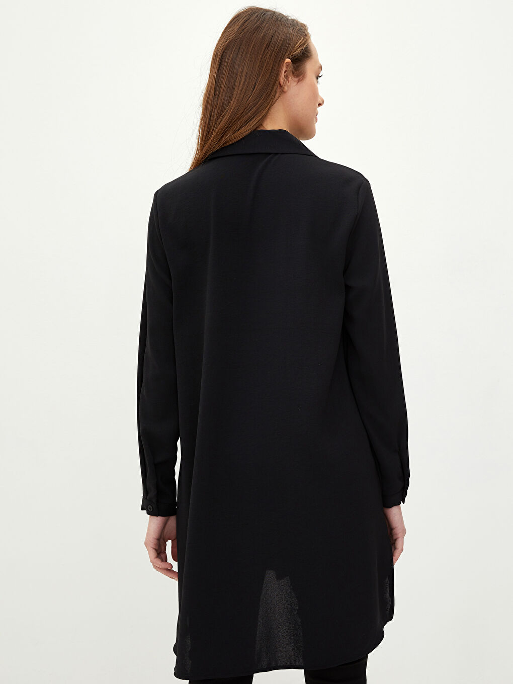 Siyah Düz Uzun Kollu Kadın Gömlek Tunik-4