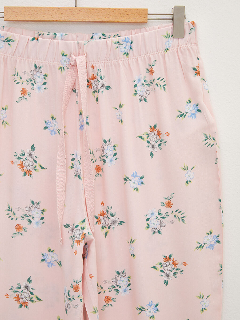 Pembe Beli Lastikli Çiçekli Viskon Kadın Pijama Alt-5