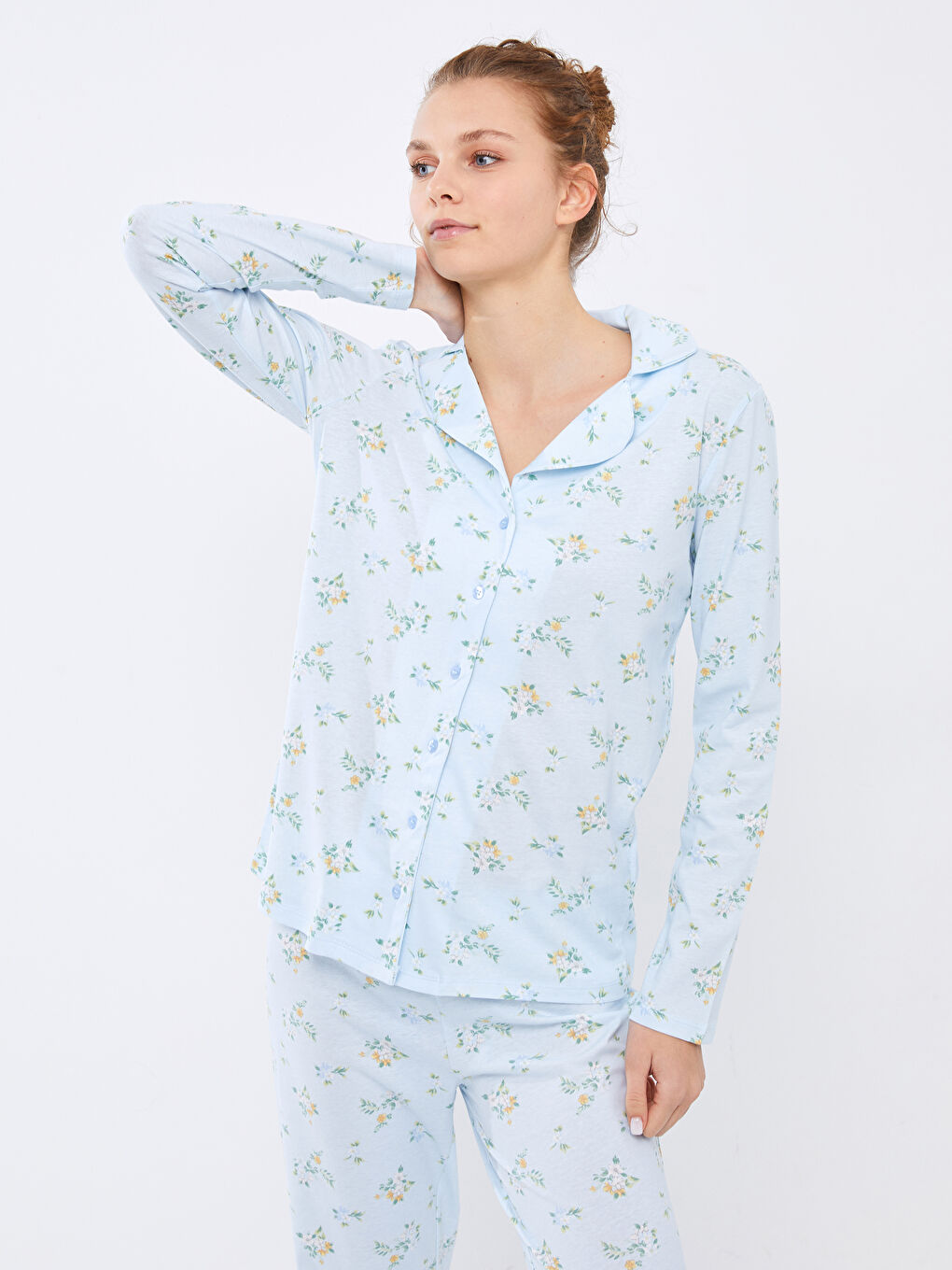 Pidžama komplet sa kragnom, cvetni, dugi rukav, pamuk, za žene-2