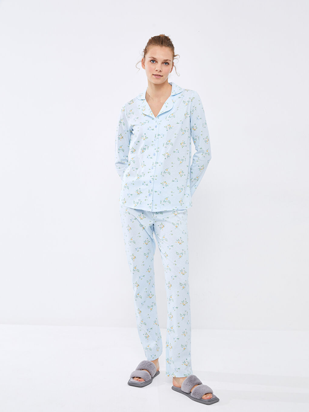 Pidžama komplet sa kragnom, cvetni, dugi rukav, pamuk, za žene-3