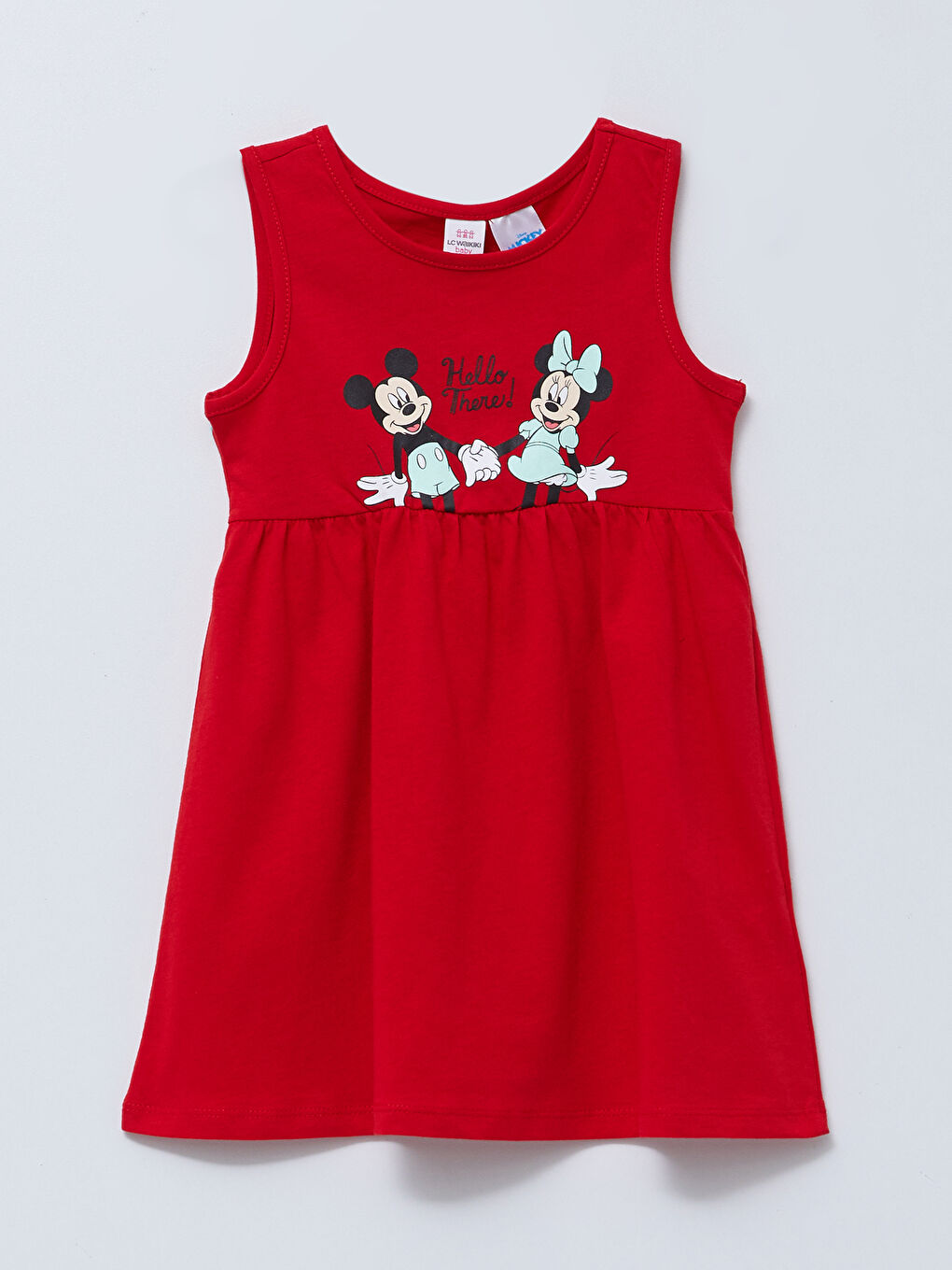 Crew Neck Minnie and Mickey Mouse Printed Cotton Baby Girl Dress