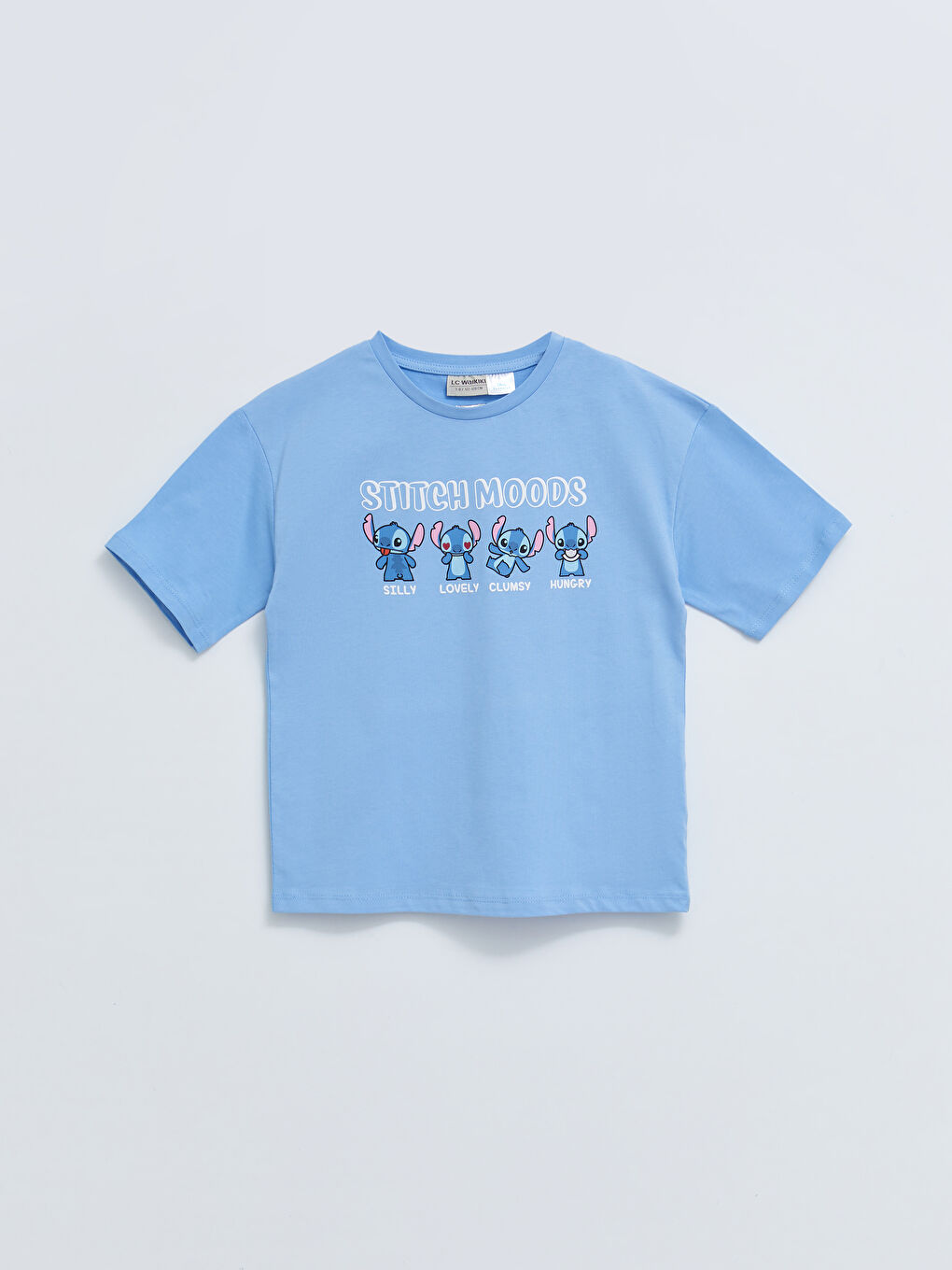 Mavi Bisiklet Yaka Lilo ve Stitch Baskılı Kısa Kollu Pamuklu Kız Çocuk Tişört