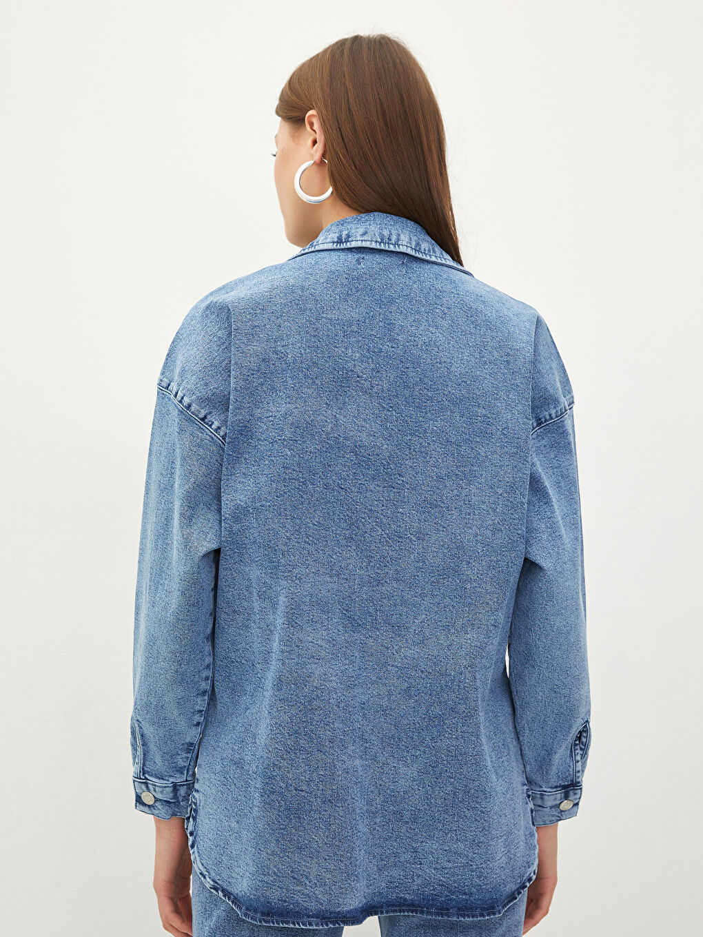İndigo Gömlek Yaka Düz Uzun Kollu Kadın Rodeo Jean Ceket-4